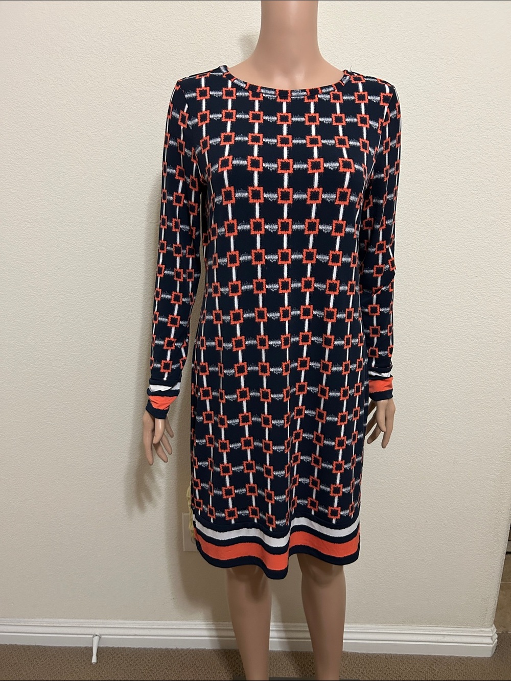 MICHAEL Michael Kors Geometric Print Square Long Sleeves Border Dress. Size M.